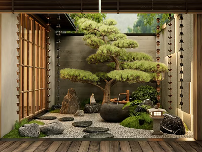 Serene Traditional Japanese Garden Courtyard With Pine Tree Stones And Stone Lantern On Wooden Deck 3d model