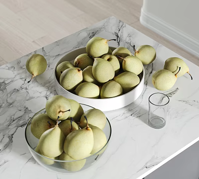 Fresh Green Pears in Glass and White Bowls on Marble Countertop with Glass Cup 3d model