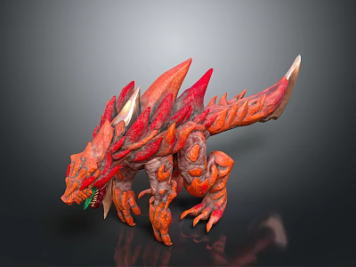 Red Spiked Monster Creature Model With Horned Head And Orange Textured Body 3d model