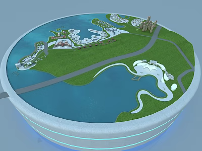 Circular Landscape Model With Green Grass Blue Water Buildings And Roads 3d model