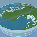 Circular Landscape Model With Green Grass Blue Water Buildings And Roads