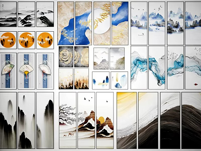 Traditional Chinese Ink Wash Landscape Paintings With Multi Panel Mountains Clouds And Fan Art 3d model