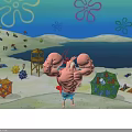 Muscular Mr Krabs With Big Claws Blue Shorts On Beach With Umbrellas Lifeguard Tower