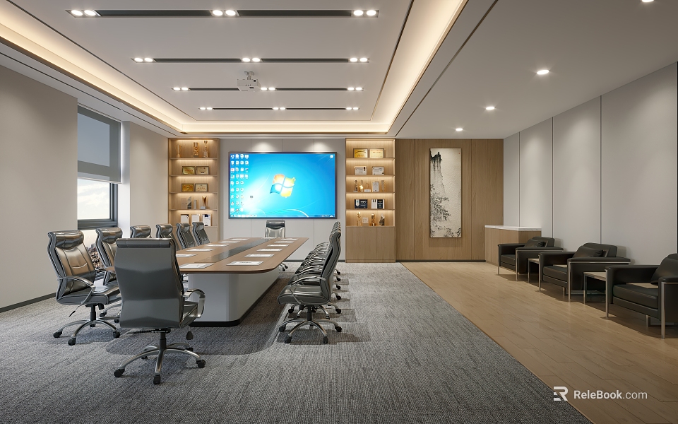 Modern Conference Room Interior With Large Screen Conference Table Comfortable Chairs And Wooden Bookshelves 3d model 