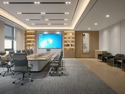 Modern Conference Room Interior With Large Screen Conference Table Comfortable Chairs And Wooden Bookshelves 3d model