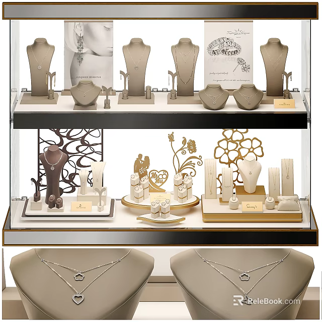 Elegant Jewelry Showcase Shelves With Mannequins And Floral Decorative Elements 3d model 