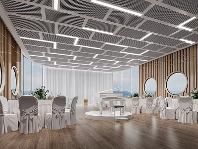 Luxurious Banquet Hall Interior With Round Dining Tables White Chairs And Chandeliers 3d model