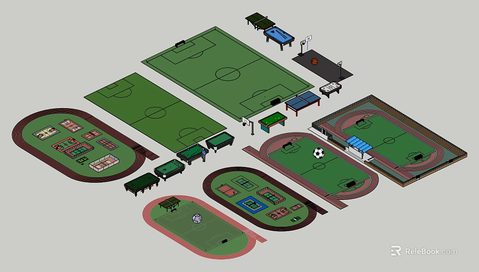 Different Types of Football Fields with Standard Mini and Training Pitch Areas 3d model 
