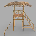 Wooden House With Thatched Roof Bamboo Structure Ladder And Outdoor Platform Design
