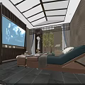 Modern SPA Sauna Room With Comfortable Loungers Green Plants Large Screen TV And Warm Lighting