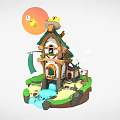 Cartoon Scene With Small Wooden House Chickens On Roof Sun Waterfall Green Grass And Stones