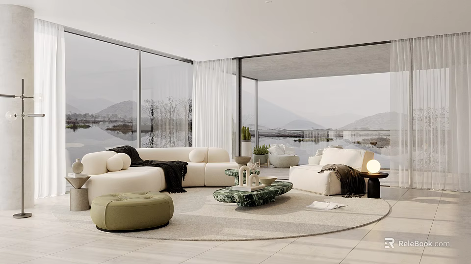 Modern Living Room With Large Glass Windows Mountain Lake View White Sofa And Green Ottoman 3d model 