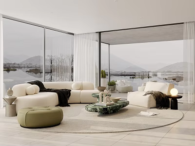 Modern Living Room With Large Glass Windows Mountain Lake View White Sofa And Green Ottoman 3d model