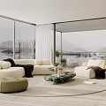 Modern Living Room With Large Glass Windows Mountain Lake View White Sofa And Green Ottoman
