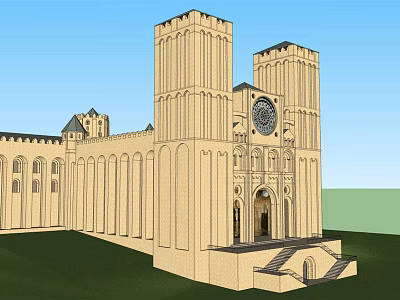 Ancient Architecture With Tall Towers Round Clock And Classical Stone Design On Green Lawn 3d model