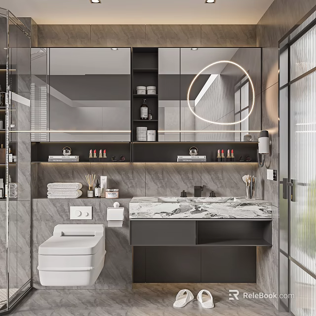 Sleek Modern Bathroom Interior With Wall Mounted Vanity Marble Countertop Round Mirror And Smart Toilet 3d model 