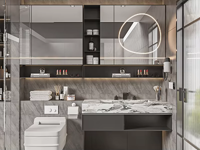 Sleek Modern Bathroom Interior With Wall Mounted Vanity Marble Countertop Round Mirror And Smart Toilet 3d model