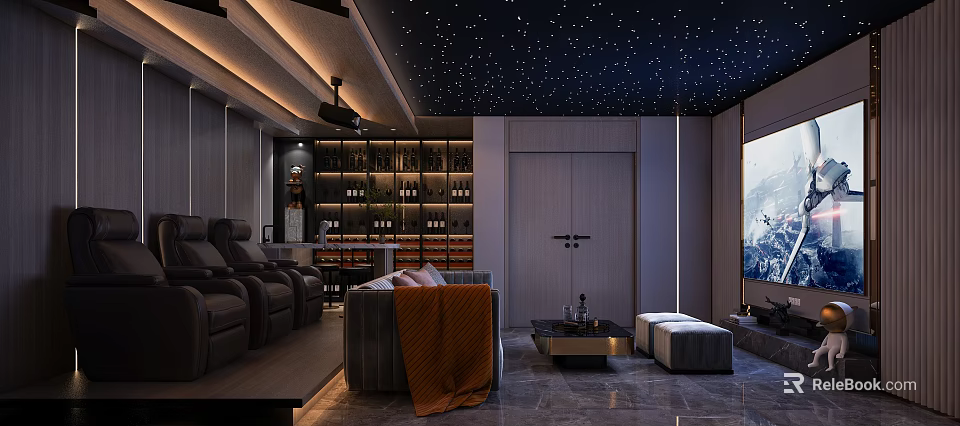 Modern Home Theater Interior Design With Starry Ceiling Projector And Seating 3d model 