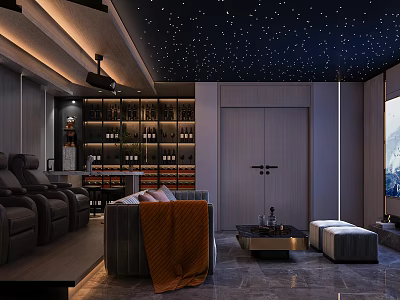 Modern Home Theater Interior Design With Starry Ceiling Projector And Seating 3d model