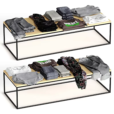 Double Layer Display Shelves With Metal Frame Wooden Shelves Holding T-shirts Socks And Scarves 3d model