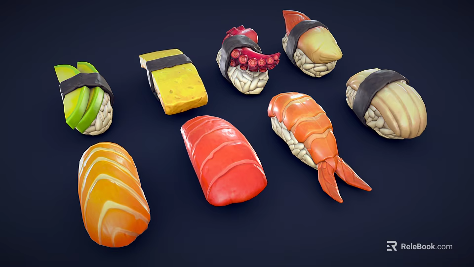 Freshly Made Colorful Sushi Varieties With Salmon Shrimp And Avocado Rolls 3d model 