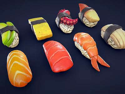 Freshly Made Colorful Sushi Varieties With Salmon Shrimp And Avocado Rolls 3d model