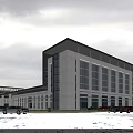 Modern Multi Story Office Building With Glass Curtain Walls And Parking Area