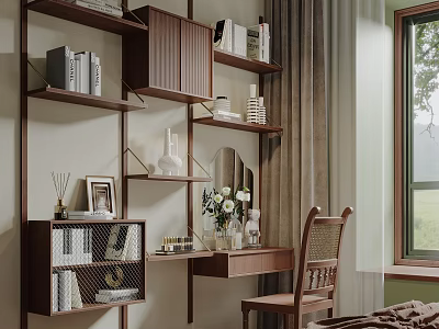 Warm Dressing Table Space With Wooden Shelves Books Decorative Vase Chair And Natural Light 3d model