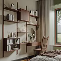 Warm Dressing Table Space With Wooden Shelves Books Decorative Vase Chair And Natural Light