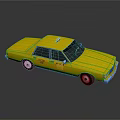 Yellow Vintage Taxi Sedan With Roof Sign And Shiny Reflective Surface