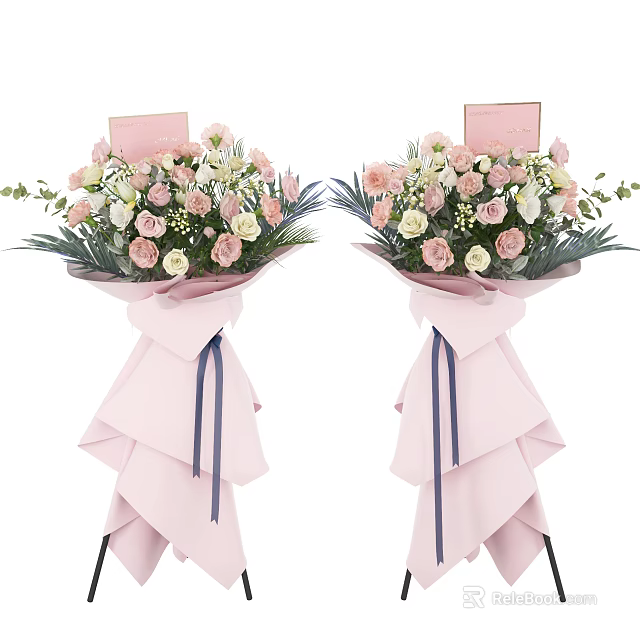 Pink And White Flower Bouquets With Pink Wrapping Blue Ribbons And Greeting Cards 3d model 