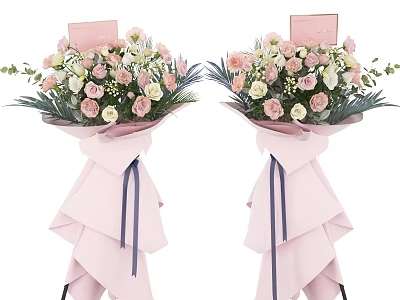 Pink And White Flower Bouquets With Pink Wrapping Blue Ribbons And Greeting Cards 3d model
