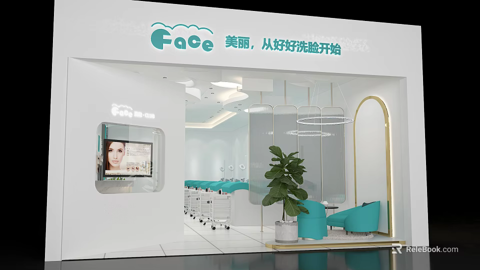 Bright Modern Hair and Beauty Salon With Facial Care Mirrors Blue Chairs And Green Plants 3d model 