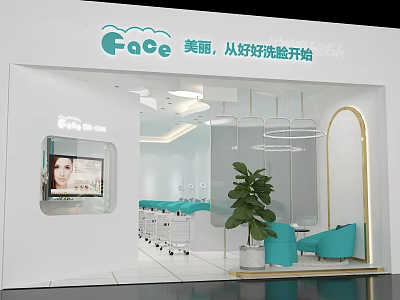 Bright Modern Hair and Beauty Salon With Facial Care Mirrors Blue Chairs And Green Plants 3d model