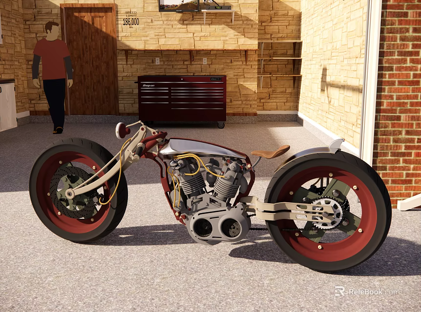 Unique Custom Motorcycle With Red Wheels Exposed Engine And Brown Leather Seat In Brick Garage 3d model 