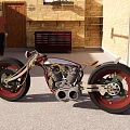 Unique Custom Motorcycle With Red Wheels Exposed Engine And Brown Leather Seat In Brick Garage
