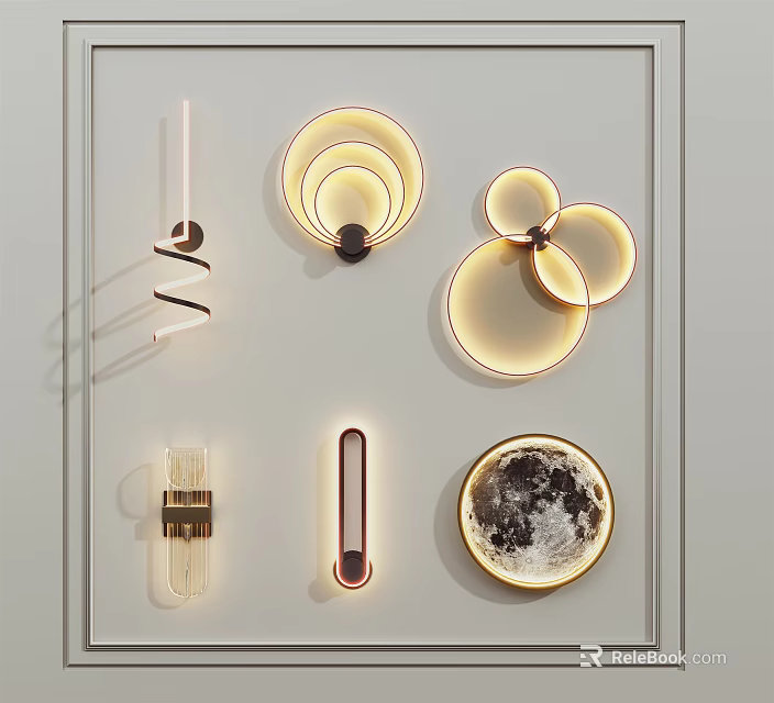 Modern Luxury Wall Lamps Various Designs Circular Spiral Moon Pattern Metal Frame Warm Light 3d model 