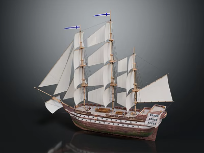 Sailing Ship Model With White Sails And Wooden Structure Multiple Decks 3d model
