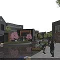 Modern Commercial Street With Waterfront Cherry Blossom Trees And Pedestrian Activities