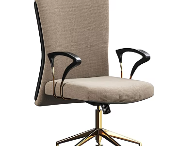 High Back Office Chair with Beige Fabric Upholstery Black Armrests and Gold Metal Base 3d model
