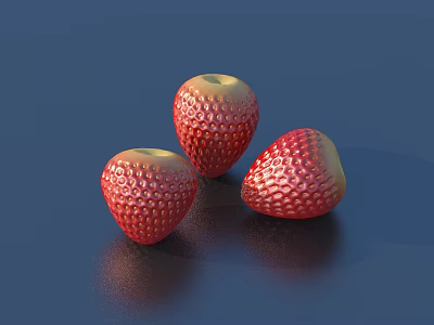 Three Fresh Red Strawberries With Textured Surface On Blue Background 3d model