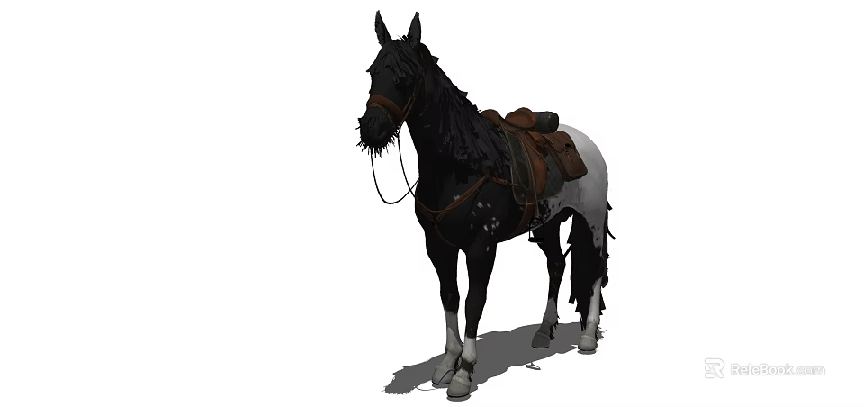 Black Mane Horse Standing With Saddle And Equipment On Body 3d model 