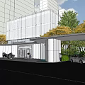 MOSAIC CENTER Main Entrance Gate with Modern White Columns and Outdoor Seating Area Amid Greenery