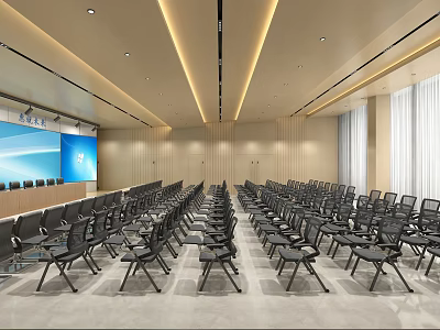 Modern Conference Room Setup With Large Screen Rows Of Chairs And Minimalist Lighting 3d model