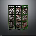 Green Carved Room Divider Three Panel Decorative Furniture With Intricate Patterns