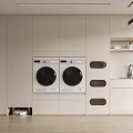 Modern Laundry Room Interior With Storage Cabinets Washing Machines And Sink