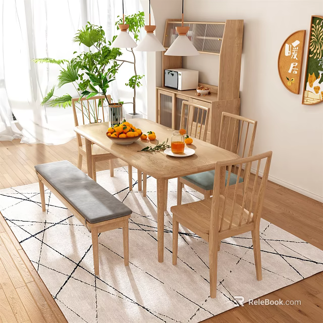 Wooden Dining Table Set With Chairs Bench Oranges Vase And Green Plant On Rug 3d model 