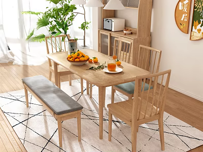 Wooden Dining Table Set With Chairs Bench Oranges Vase And Green Plant On Rug 3d model