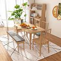 Wooden Dining Table Set With Chairs Bench Oranges Vase And Green Plant On Rug