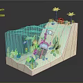Cartoon Underwater Beach Scene with Transparent Water Jellyfish Fish Underwater Plants Palm Trees and Cabin